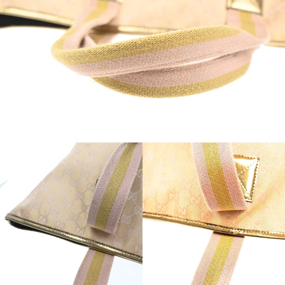 GUCCI GG Logo Canvas Shoulder Tote Bag Canvas Leather Gold Italy 34CA678