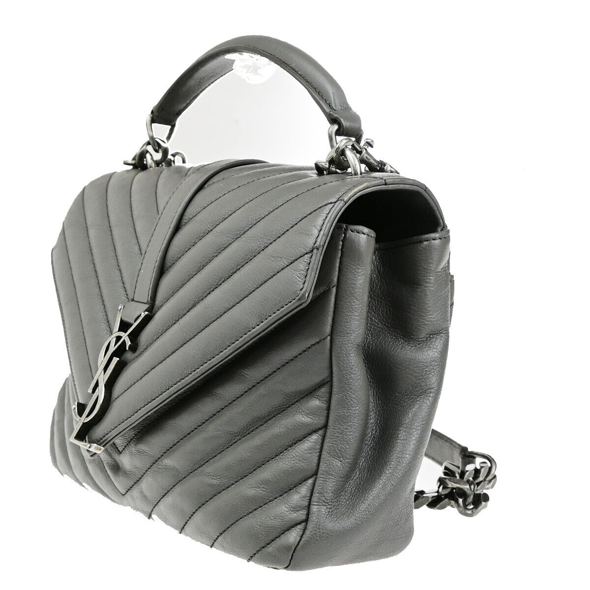 SAINT LAURENT College Medium Chain Shoulder Bag Quilted Leather Gray 667RK859