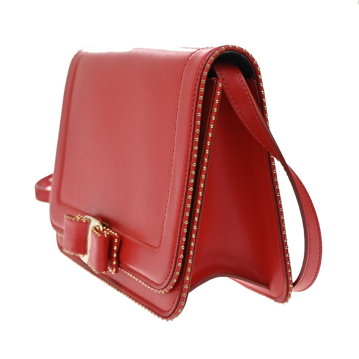 SALVATORE FERRAGAMO Vara Studs 2Way Shoulder Clutch Hand Bag Leather Red 88EE395
