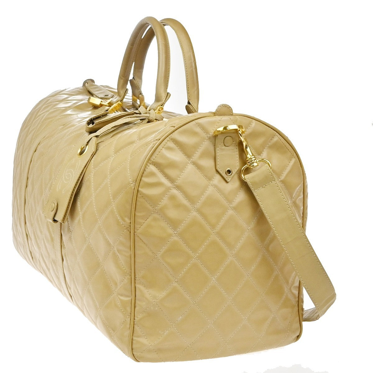 CHANEL CC Logo Matelasse 2Way Travel Hand Bag Leather Beige GHW Vintage 44RL978
