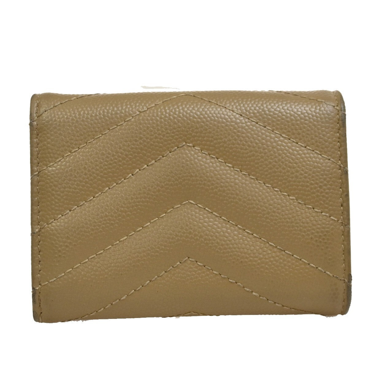 SAINT LAURENT YSL Logo Trifold Compact Wallet Leather Beige Gold Italy 66EE858