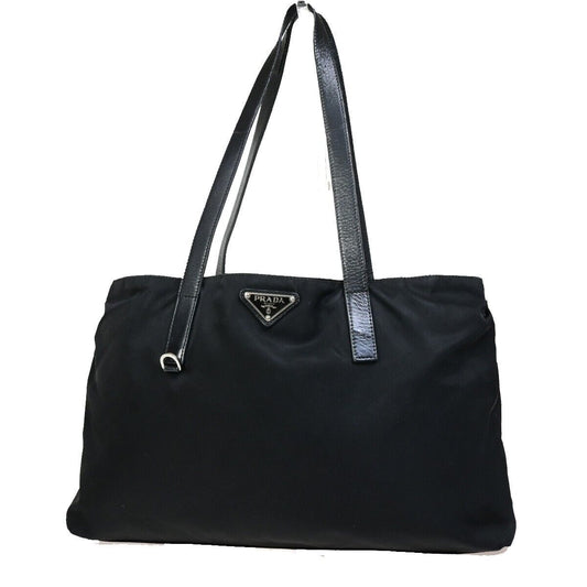 PRADA Logo Tessuto Shoulder Tote Bag Nylon Leather Black SHW Italy 61FB083