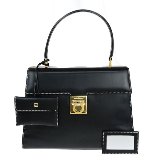 SALVATORE FERRAGAMO Gancini Top Handle Hand Bag Leather Black GHW Italy 35ED328