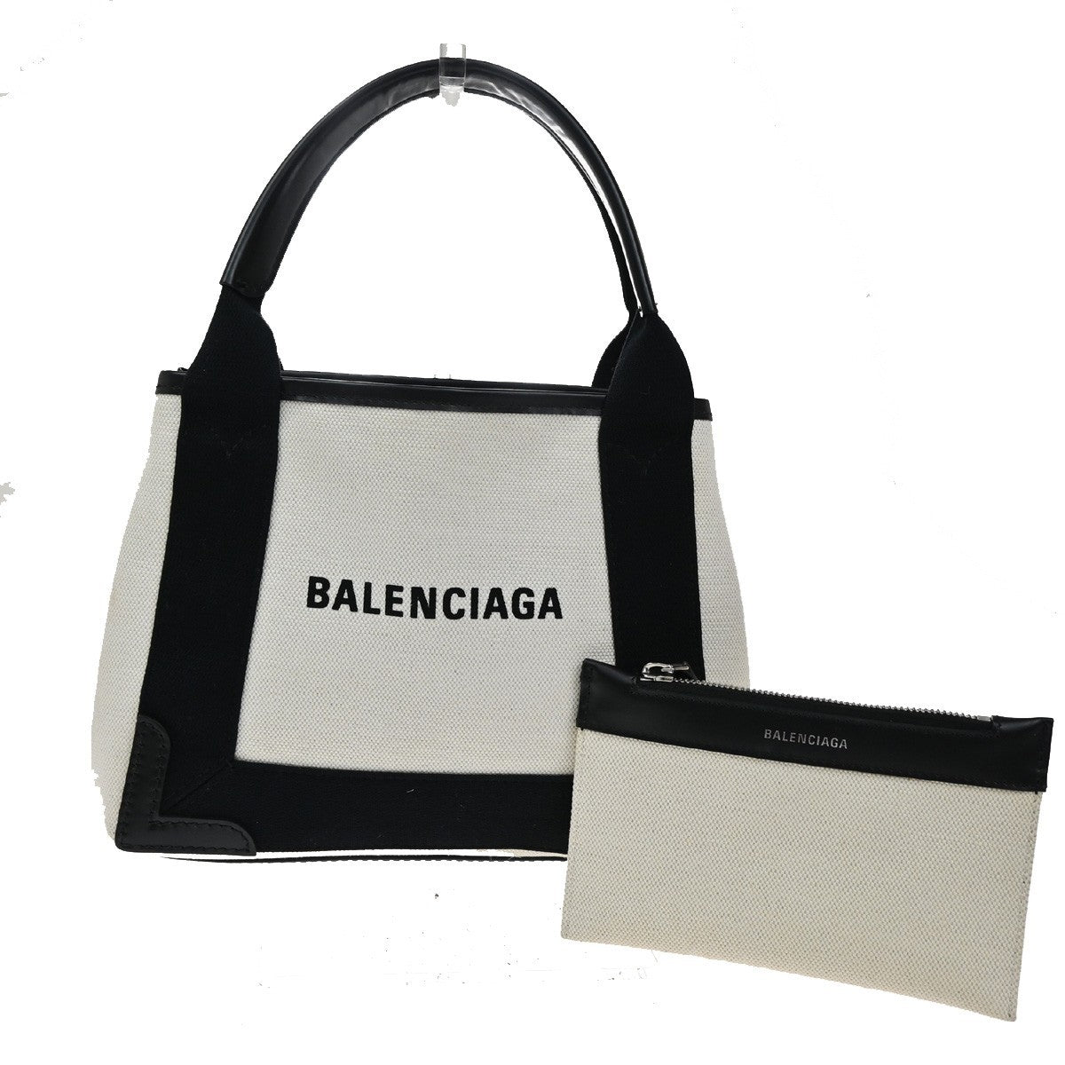 BALENCIAGA LOGO Navy Cabas XS Hand Bag Canvas Leather White Black 70TA232