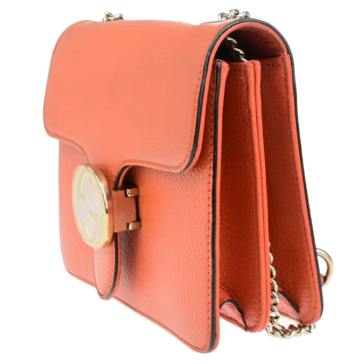 GUCCI Logo Interlocking G Chain Mini Shoulder Bag Leather Orange GHW 58YG618