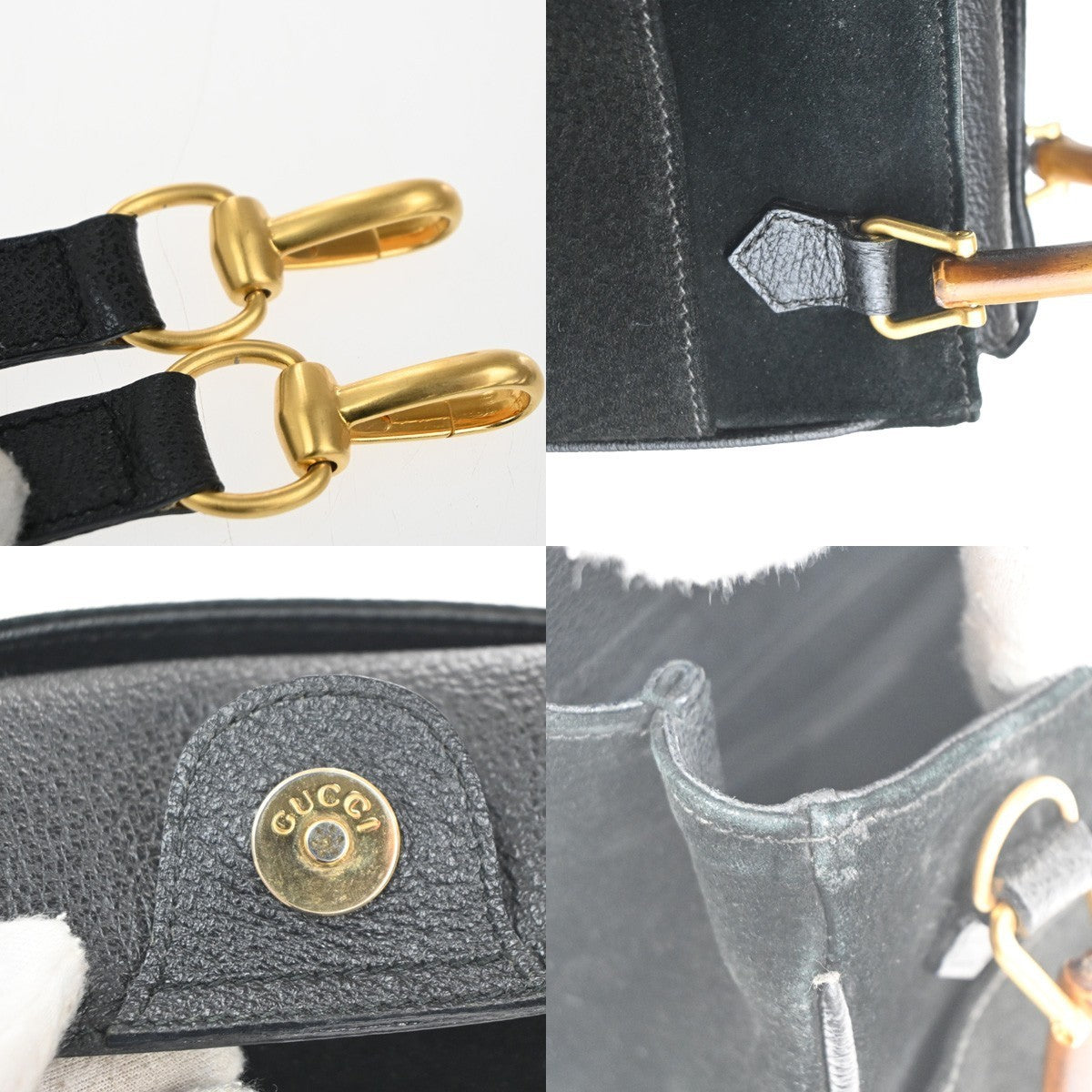 GUCCI Logo Bamboo 2Way Shoulder Hand Bag Suede Leather Black GHW Italy 86TA526