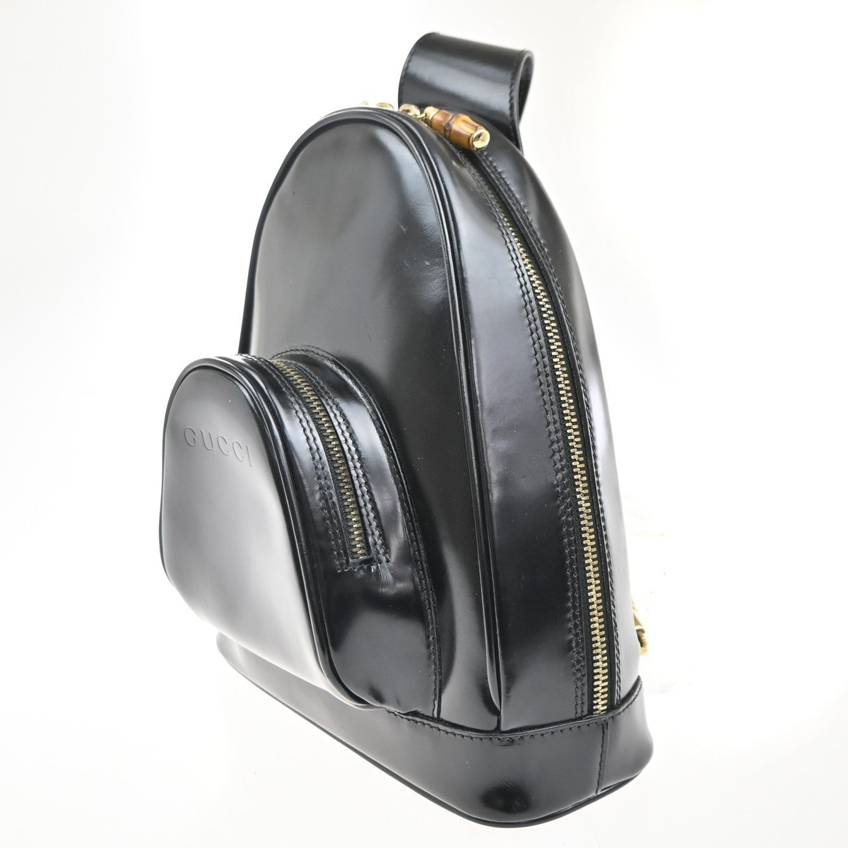 GUCCI Logo Bamboo One Shoulder Body Bag Patent Leather Black GHW Italy 07KC479
