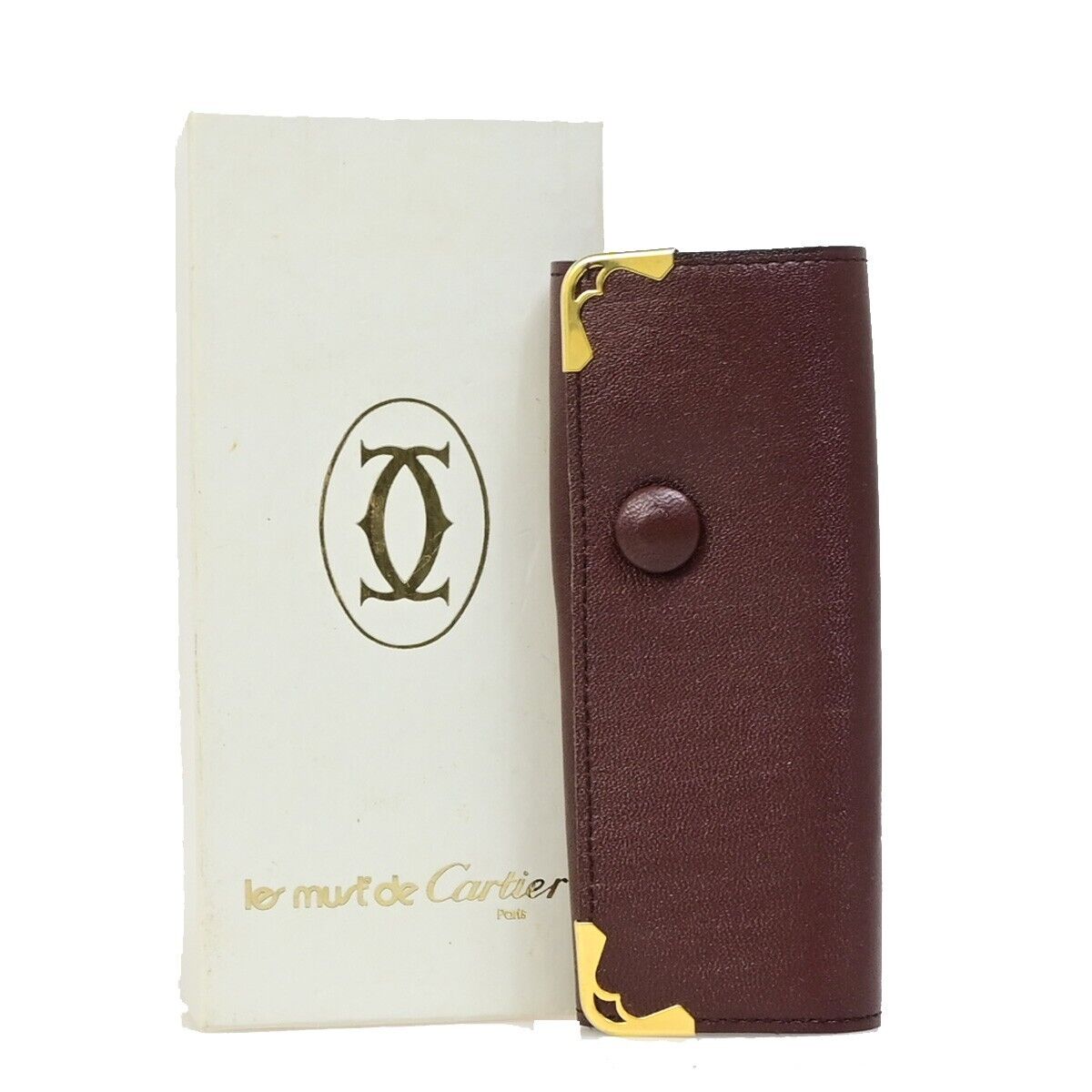 CARTIER 2C Logo 4 Hooks Bifold Key Case Leather Bordeaux Gold 08EB577