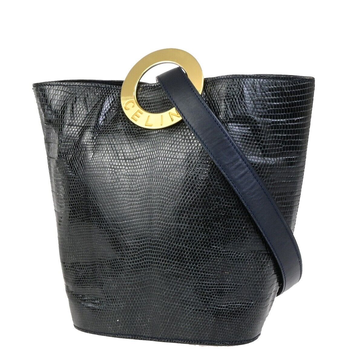 CELINE Logo Circle Shoulder Bag Exotic Leather Navy Blue GHW Italy 82KA435