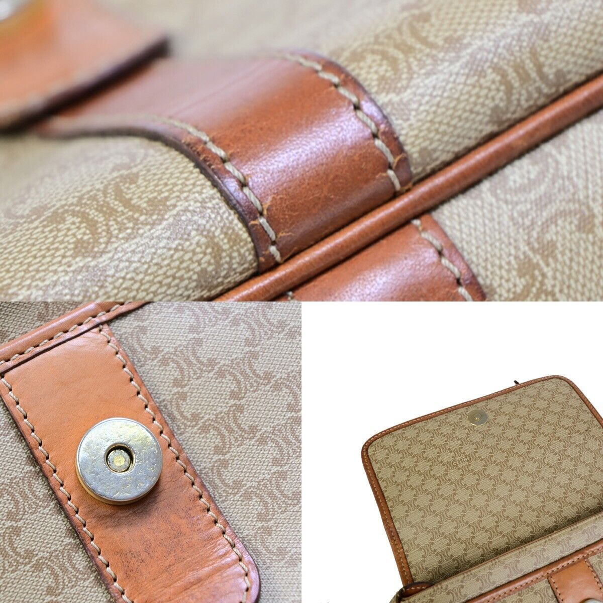 CELINE Logo Macadam Pattern Shoulder Bag PVC Leather Beige Italy 09EB602