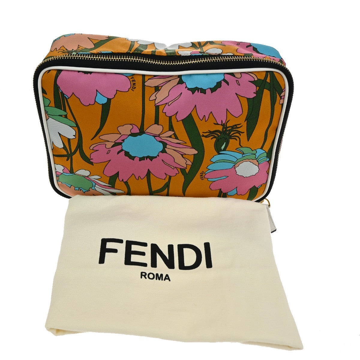 FENDI Zucca Zip-around Clutch Pouch Bag Flower Canvas Leather Orange GHW 36TA313