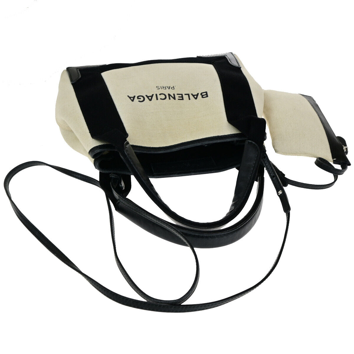 BALENCIAGA Navy Cabas XS 2Way Shoulder Hand Bag Canvas Leather Ivory BK 69YE661