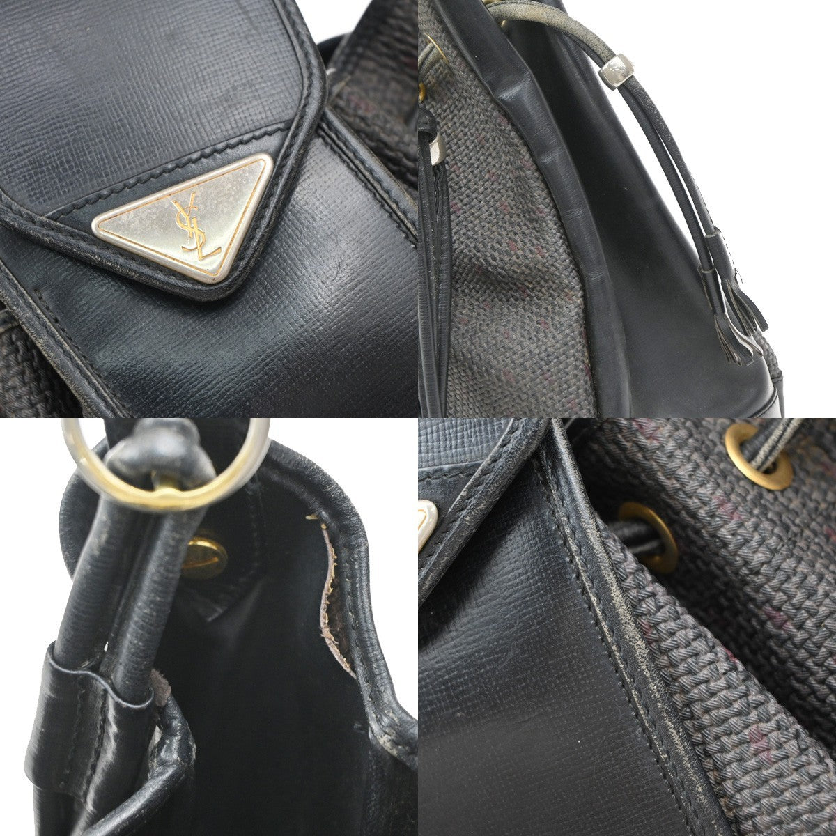 YVES SAINT LAURENT YSL Bucket Shoulder Bag Canvas Leather Black Purple 60EG053