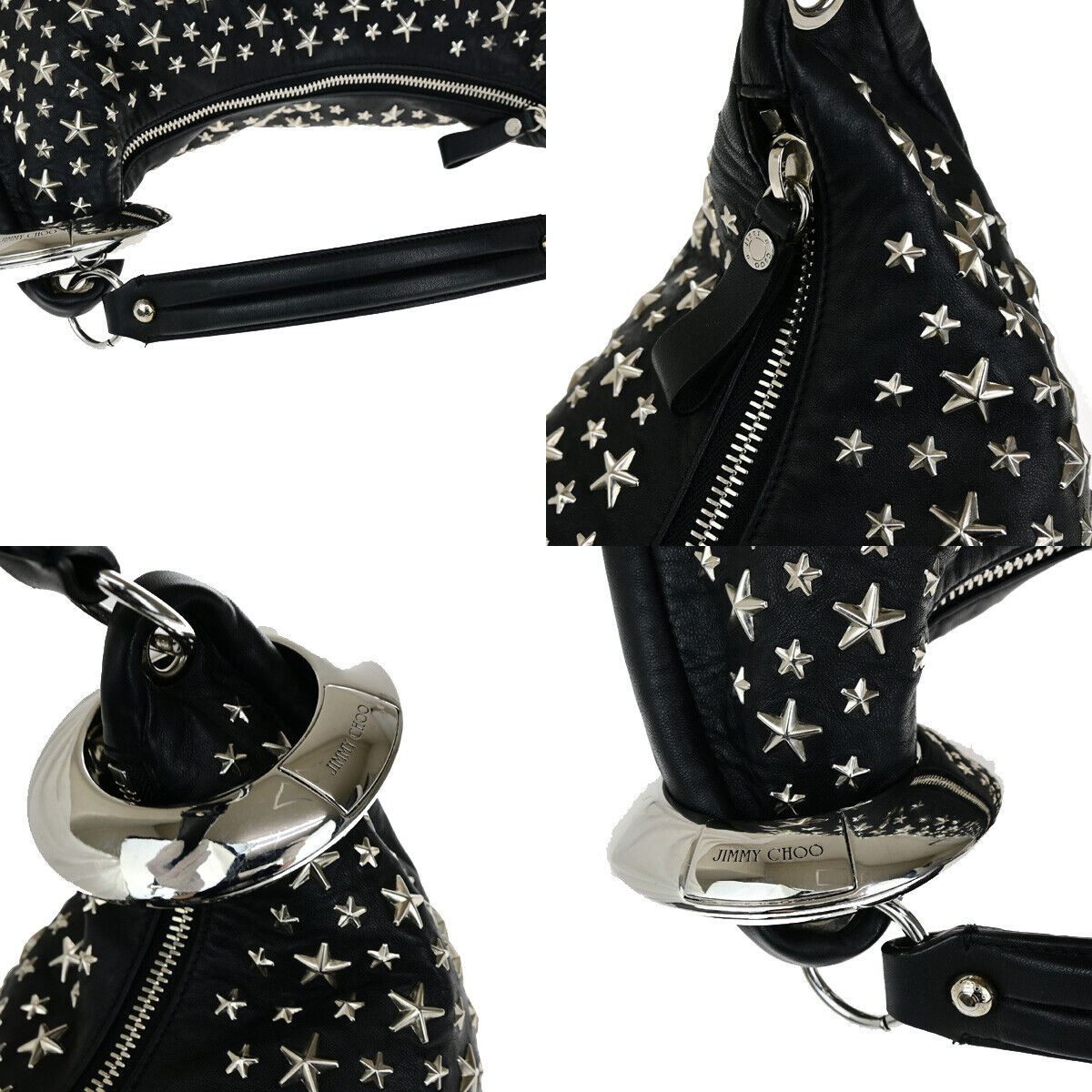 JIMMY CHOO Logo Sky Shoulder Hand Bag Star Studs Leather Black SHW Italy 31YG578