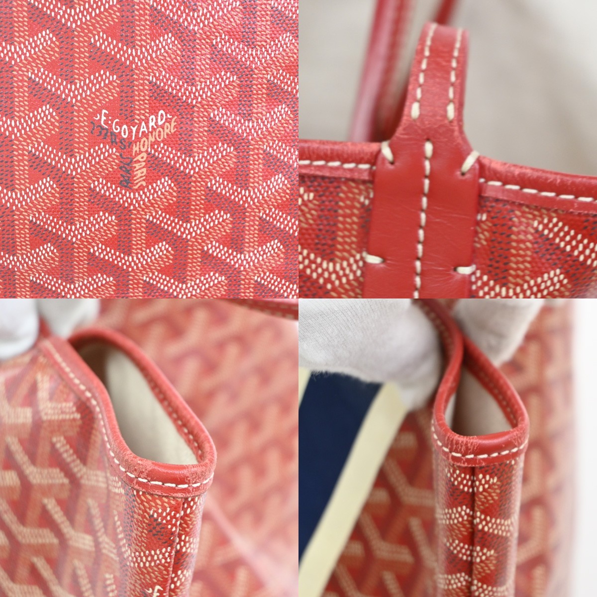 GOYARD Saint Louis PM stripe initial Tote Bag Pouch Red Canvas Leather 620RL919