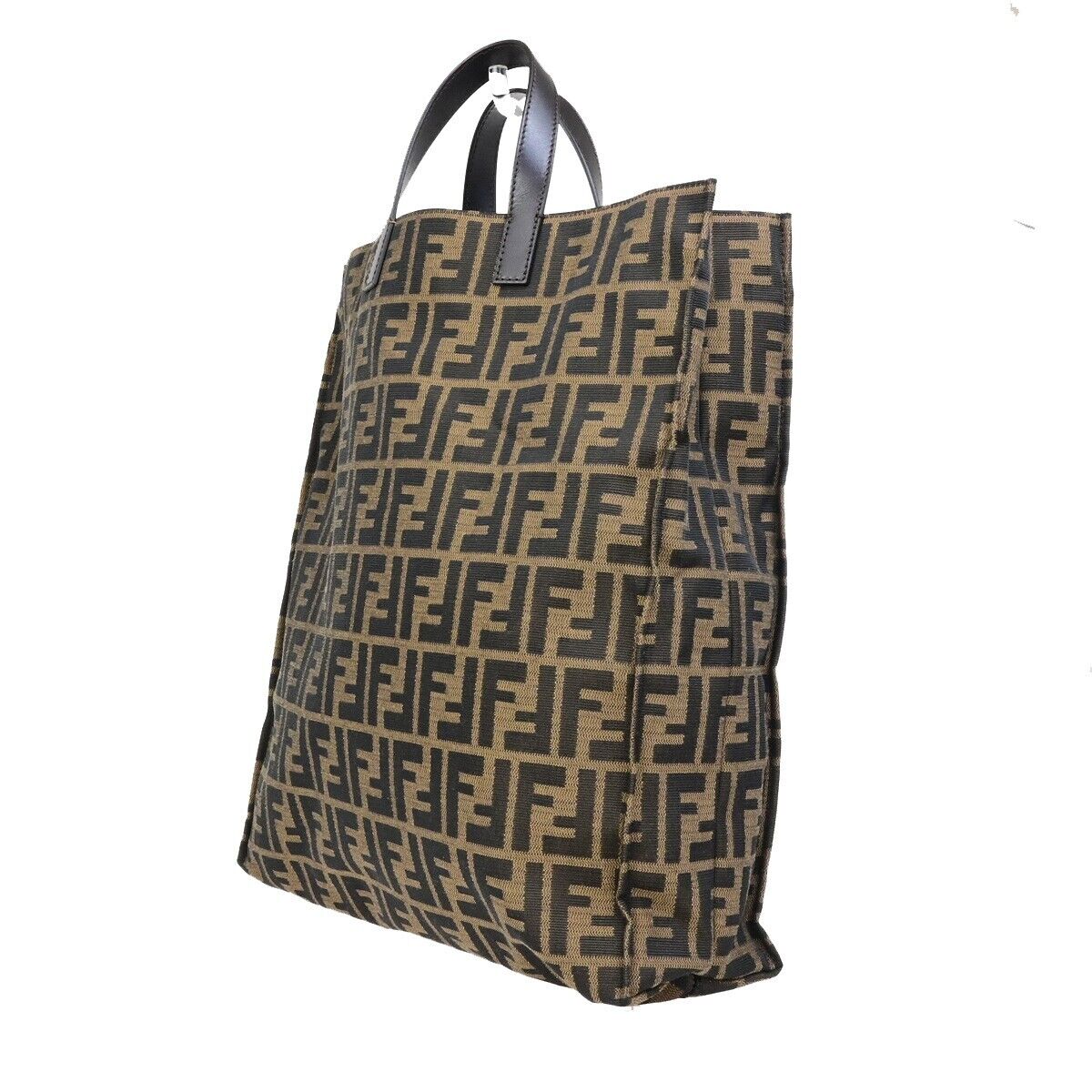FENDI Logo Zucca Pattern Hand Tote Bag Canvas Leather Brown GHW Italy 77ED317