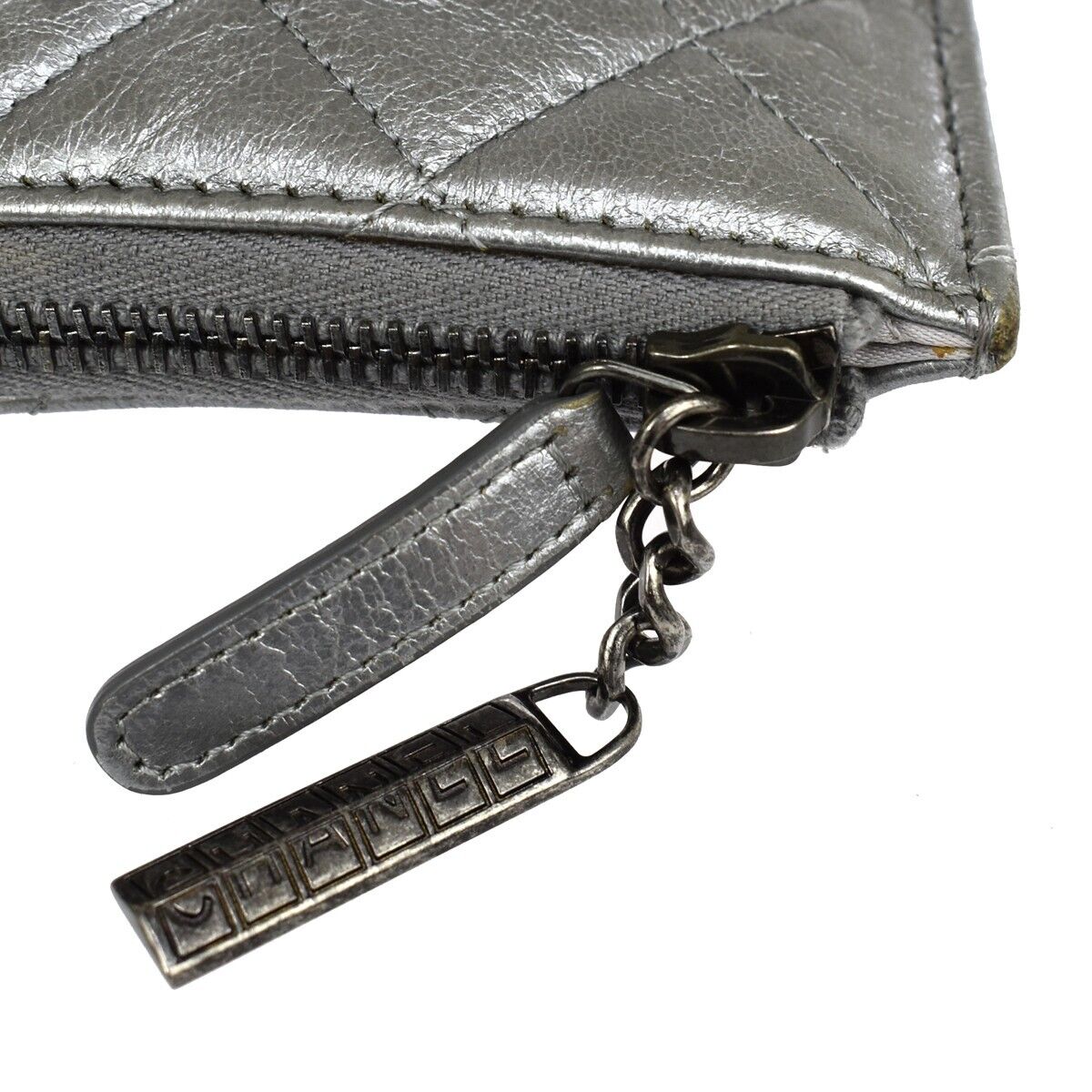 CHANEL Logo Matelasse Clutch Hand Bag Leather Silver Italy 89GA417