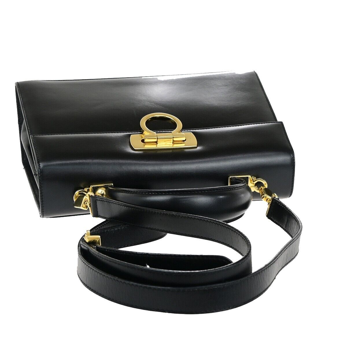 SALVATORE FERRAGAMO 2Way Gancini Shoulder Hand Bag Leather Black Gold 87EC640