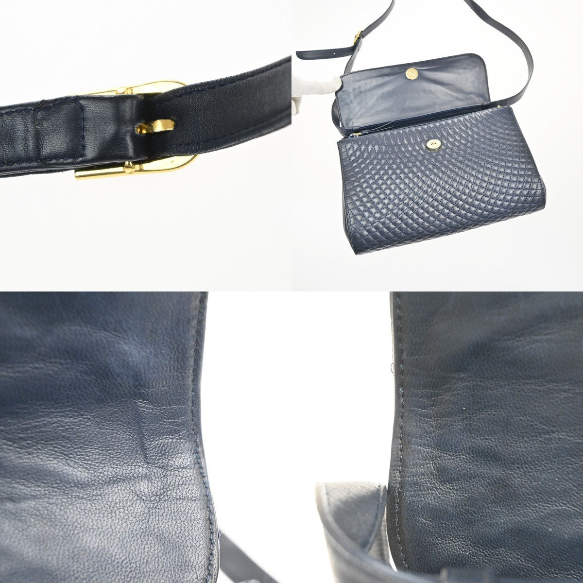 BALLY Logo Flap Shoulder Bag Quilted Leather Navy Blue GHW Italy 09MA548