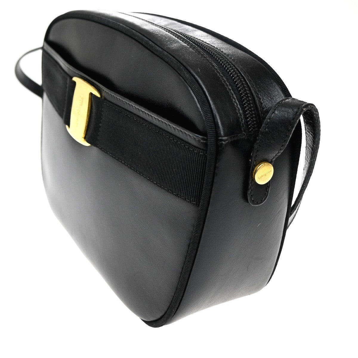 SALVATORE FERRAGAMO Vara Shoulder Bag Canvas Leather Black Gold 69TA430