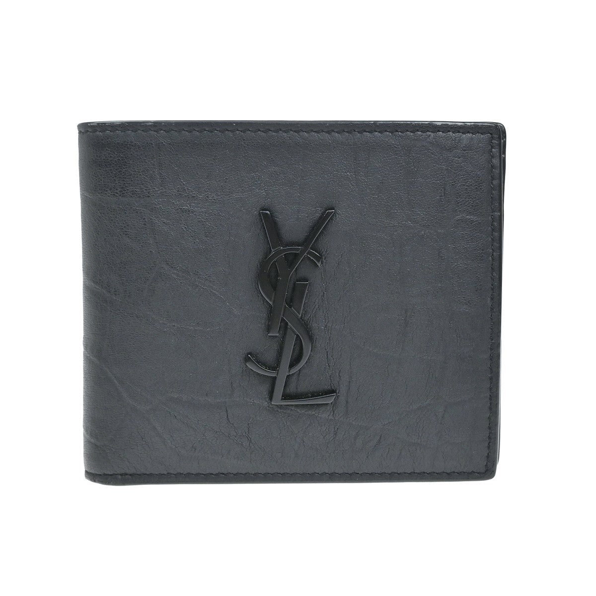 SAINT LAURENT YSL Logo Bifold Compact Wallet Embossing Leather BK Italy 84RL530