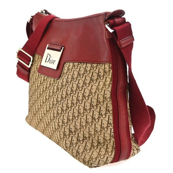 CHRISTIAN DIOR Logo Trotter Shoulder Bag Canvas Leather Red Brown 16TA621