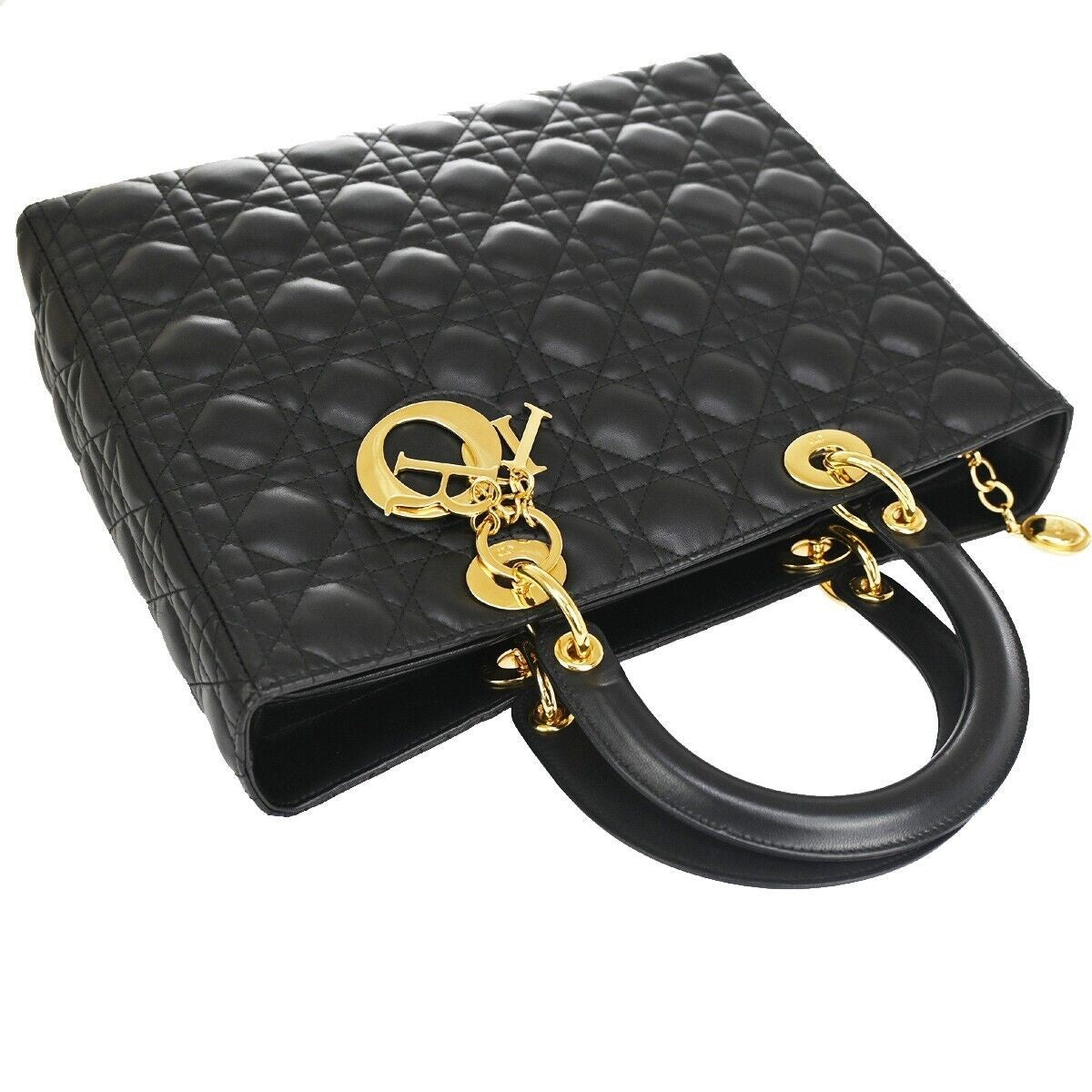 CHRISTIAN DIOR Lady Cannage Hand Tote Bag Leather Black Gold Italy 650RC585