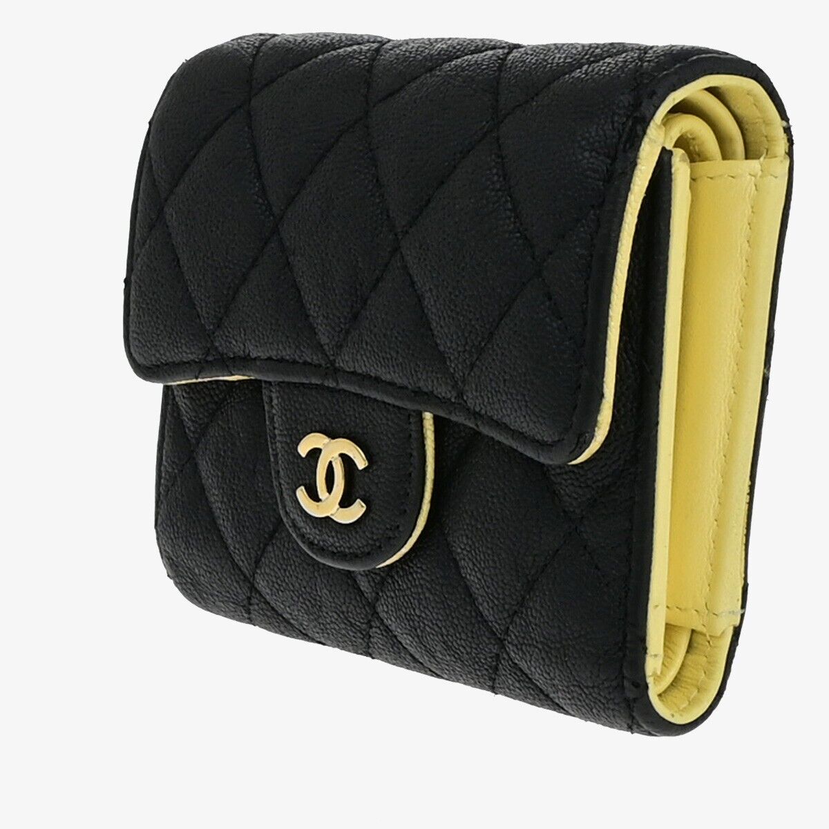 CHANEL CC Logo Matelasse Trifold Compact Wallet Leather Black Yellow 82RK415
