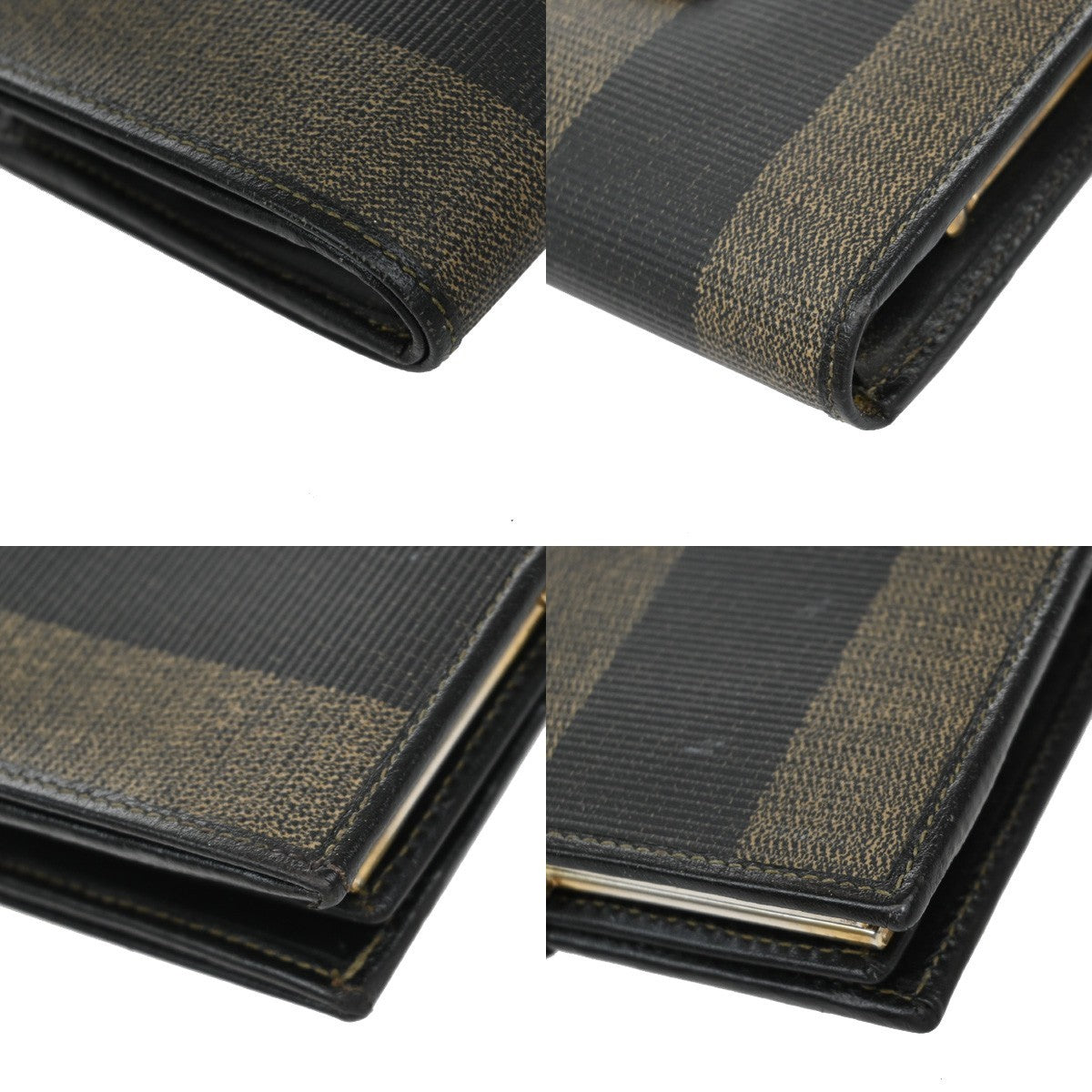 FENDI Logo Pequin Pattern Bifold Comapct Wallet PVC Leather Brown Italy 07EF564
