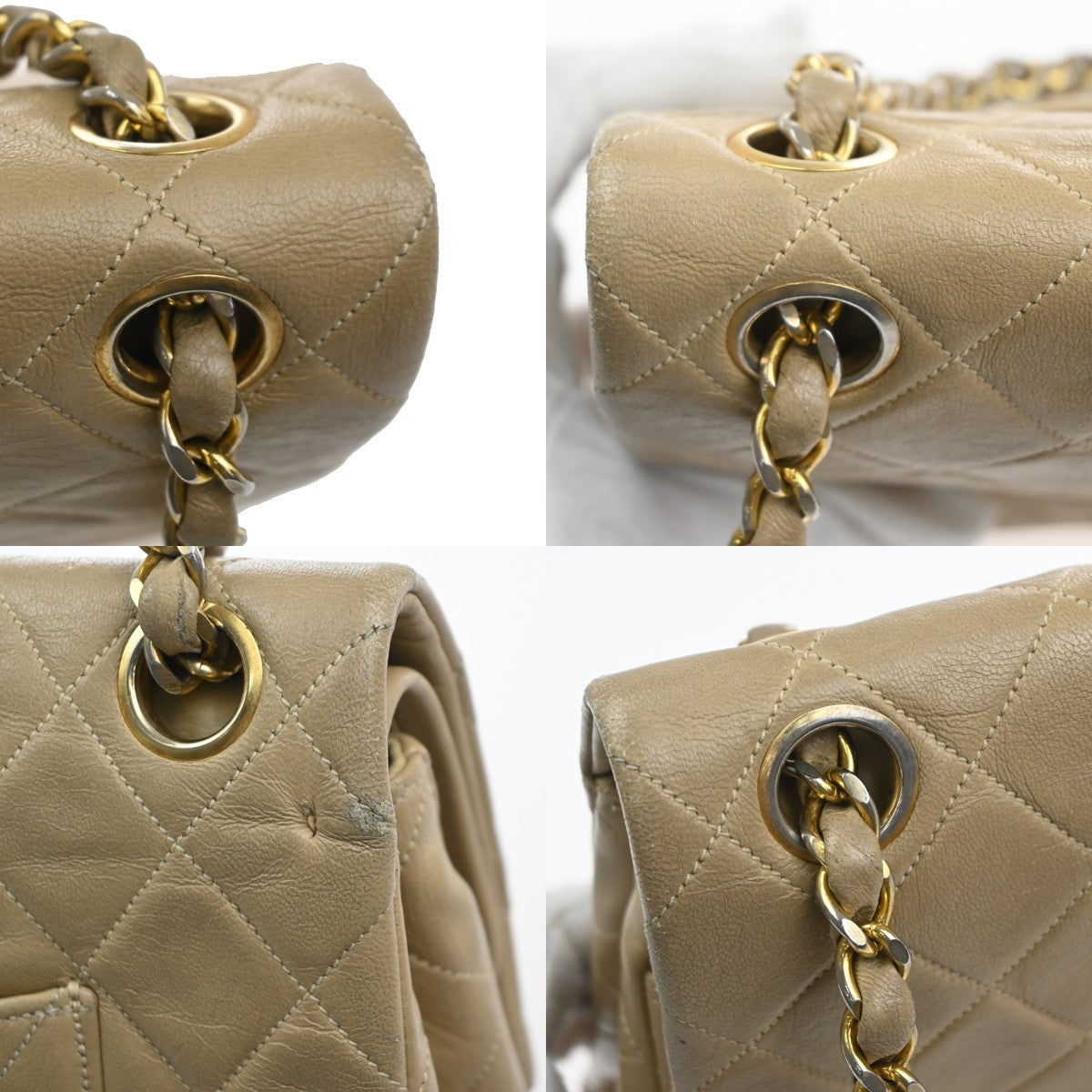 CHANEL CC Matelasse 25 Double Flap Cahin Shoulder Bag Leather Beige GHW 397RL943
