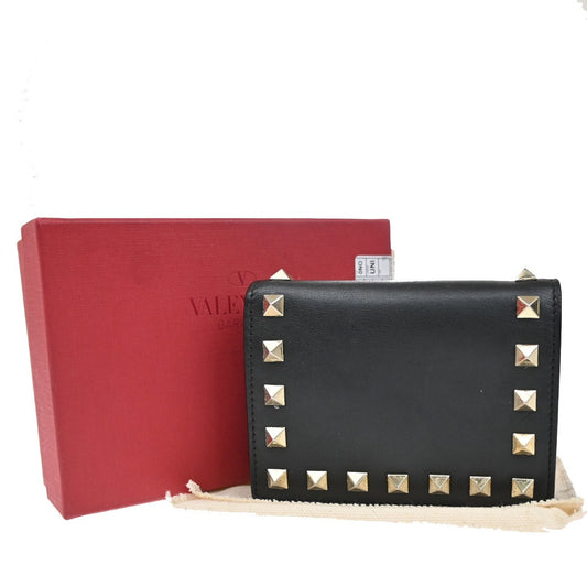 VALENTINO Logo Studs Compact Bifold Wallet Purse Leather Black GHW Italy 69KB160
