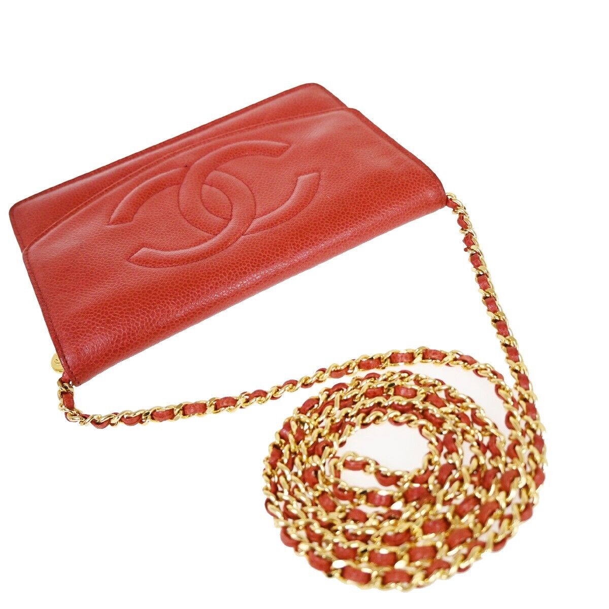 CHANEL CC Logo Chain Shoulder Bag Bifold Wallet Caviar skin Leather Red 671RJ655