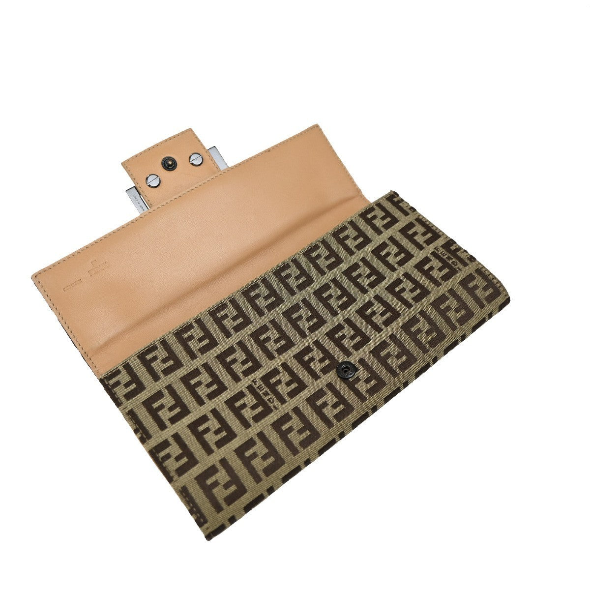 FENDI Logo Zucca Pattern Long Bifold Wallet Canvas Leather Brown 01EG350