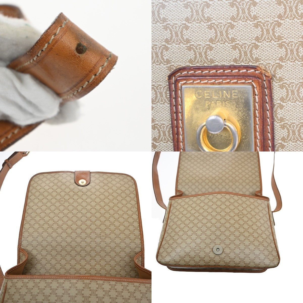CELINE Logo Macadam Pattern Shoulder Bag PVC Leather Beige GHW Italy 68KC717