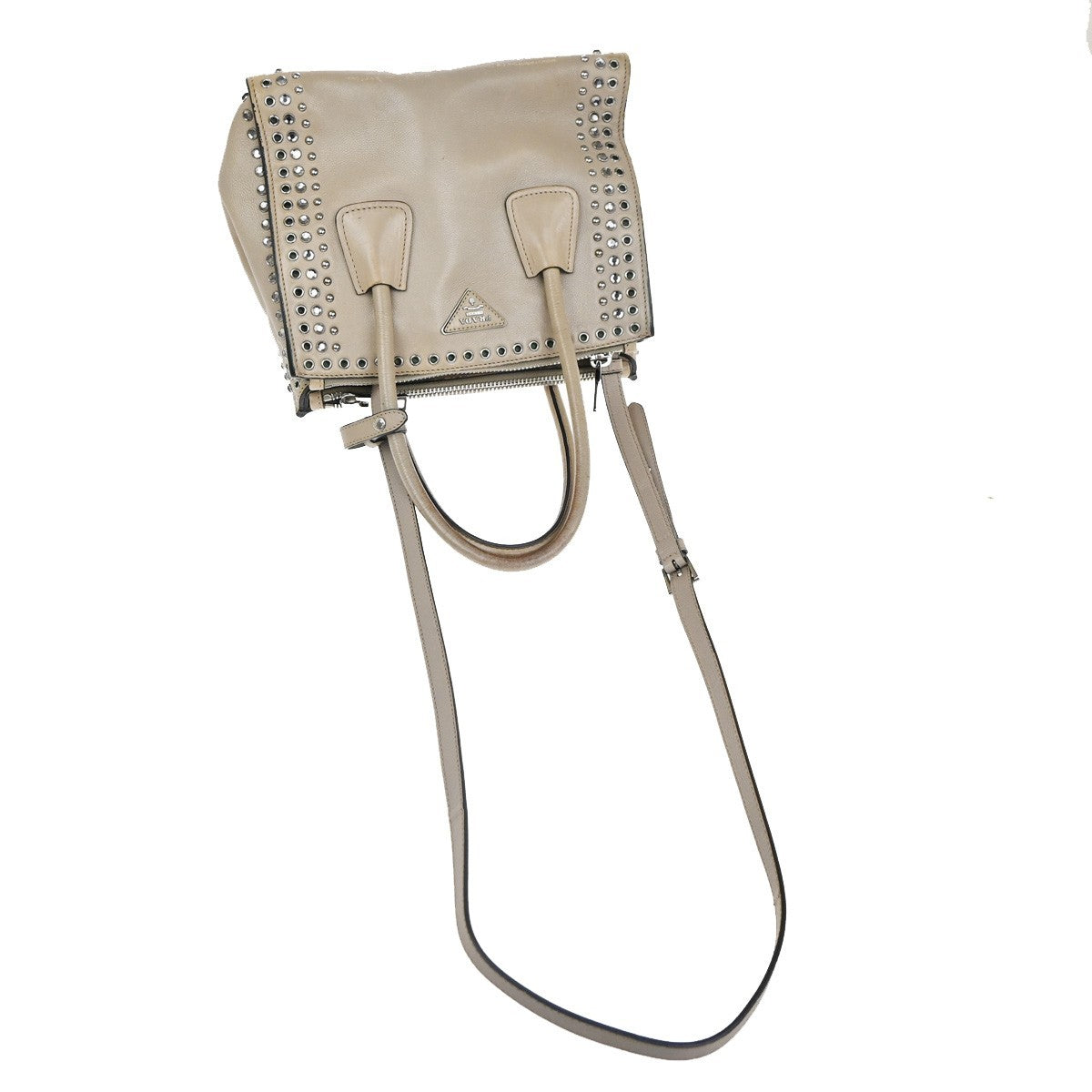 PRADA Studs 2Way Shoulder Hand Bag Leather Rhineston Beige GHW Spain 33TA590