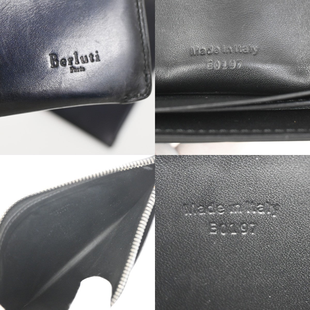 BERLUTI Logo Calligraphy Bifold Long Wallet Leather Patina Navy Blue 34KD078