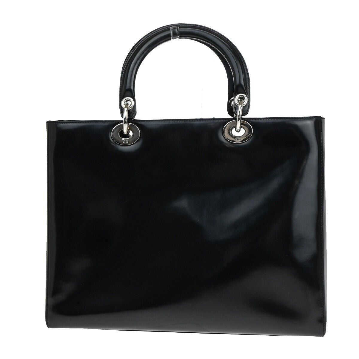 CHRISTIAN DIOR Lady Tote Hand Bag Patent Leather Black Silver Italy 12SH744