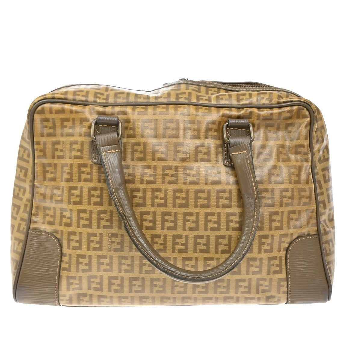 FENDI Logo Zucchino Pattern Hand Bag Coating Canvas Leather Brown 62KP355