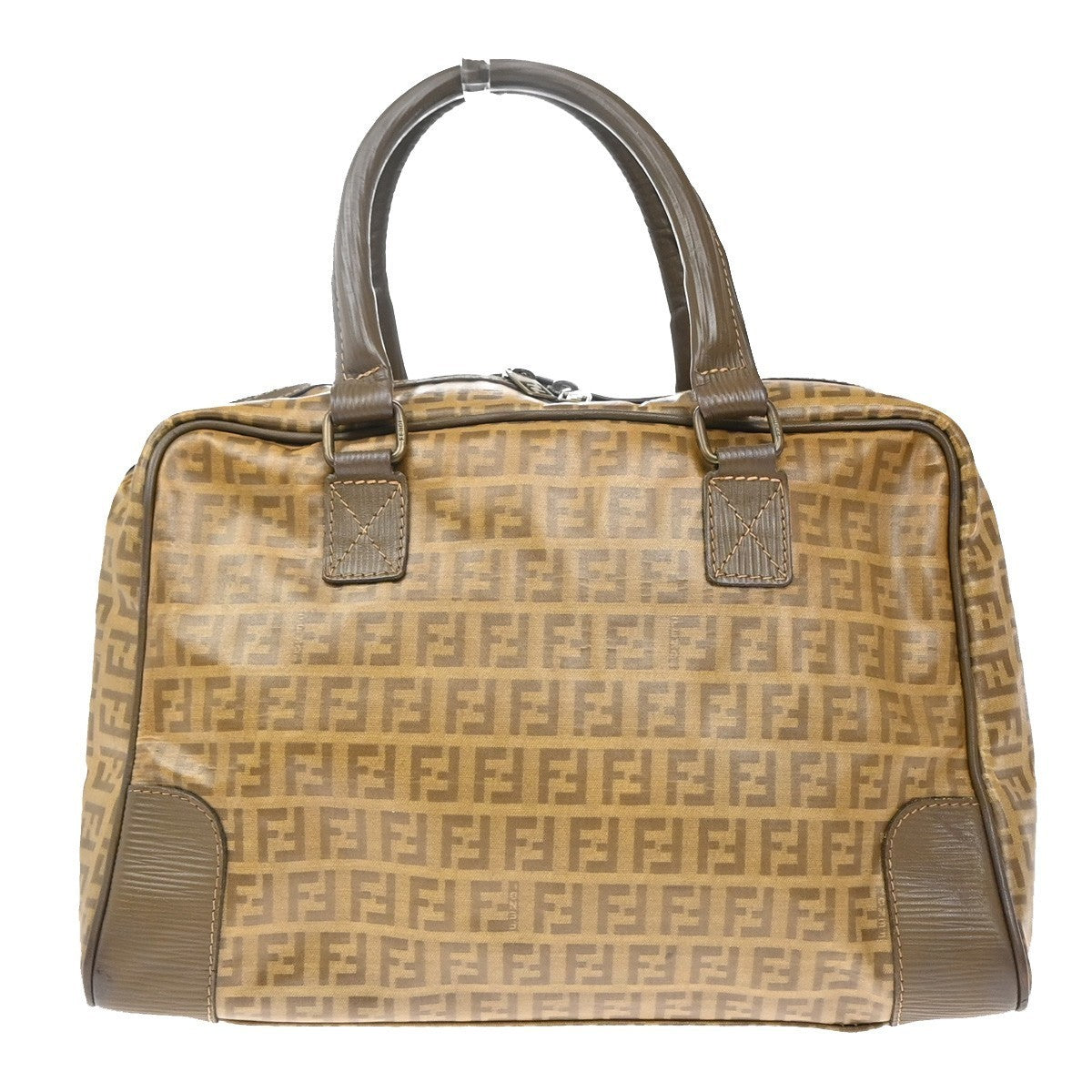 FENDI Logo Zucchino Pattern Hand Bag Coating Canvas Leather Brown 62KP355
