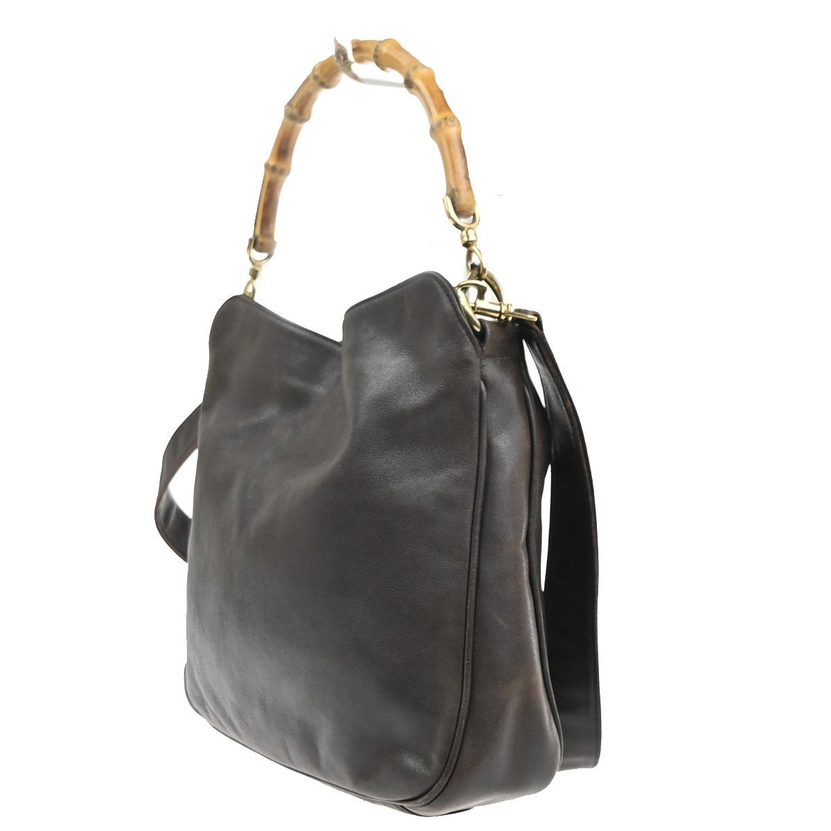 GUCCI Logo Bamboo Handle 2way Shoulder Bag Leather Brown GHW Italy 67KC940