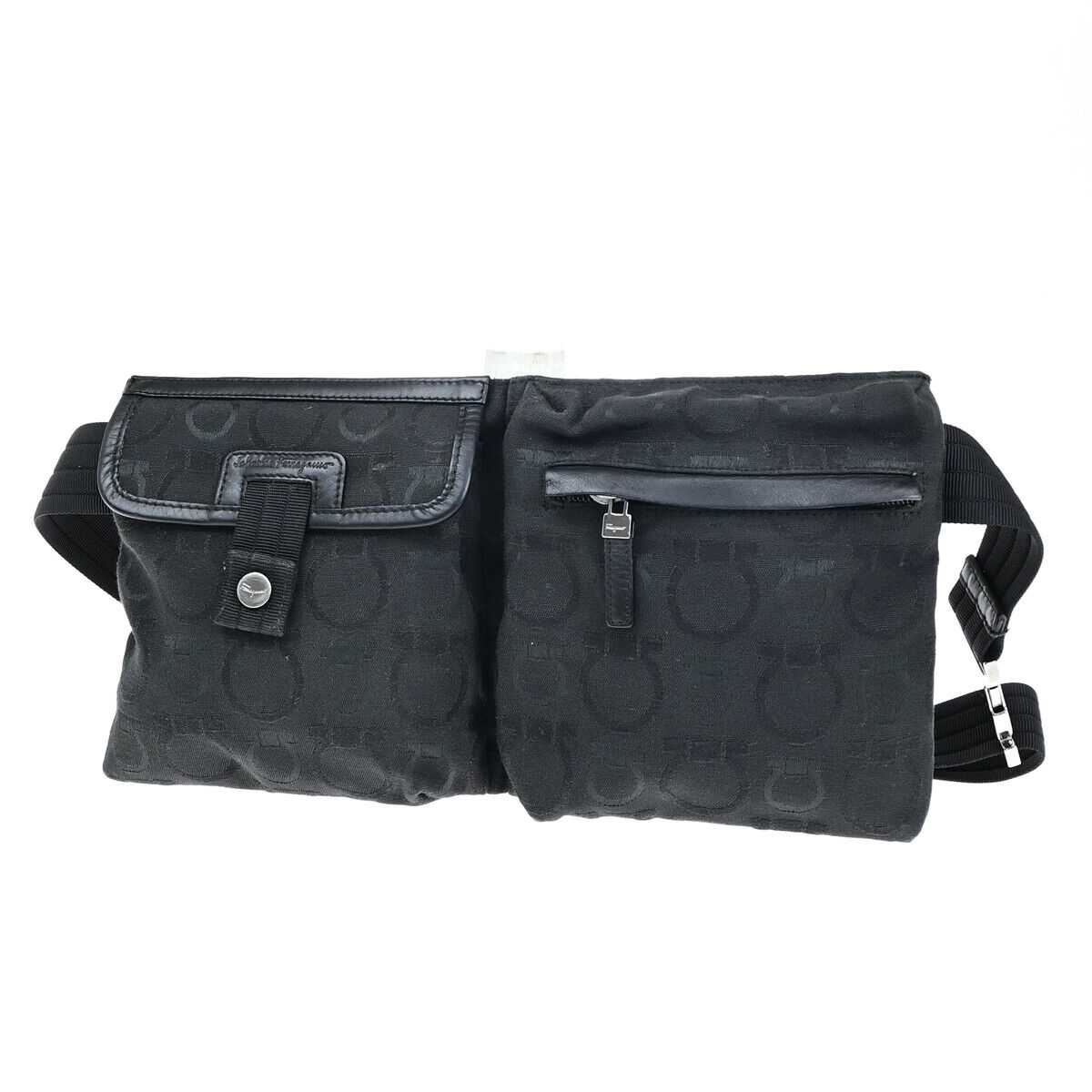 SALVATORE FERRAGAMO Logo Gancini Bum Bag Canvas Leather Black SHW Italy 05YE727