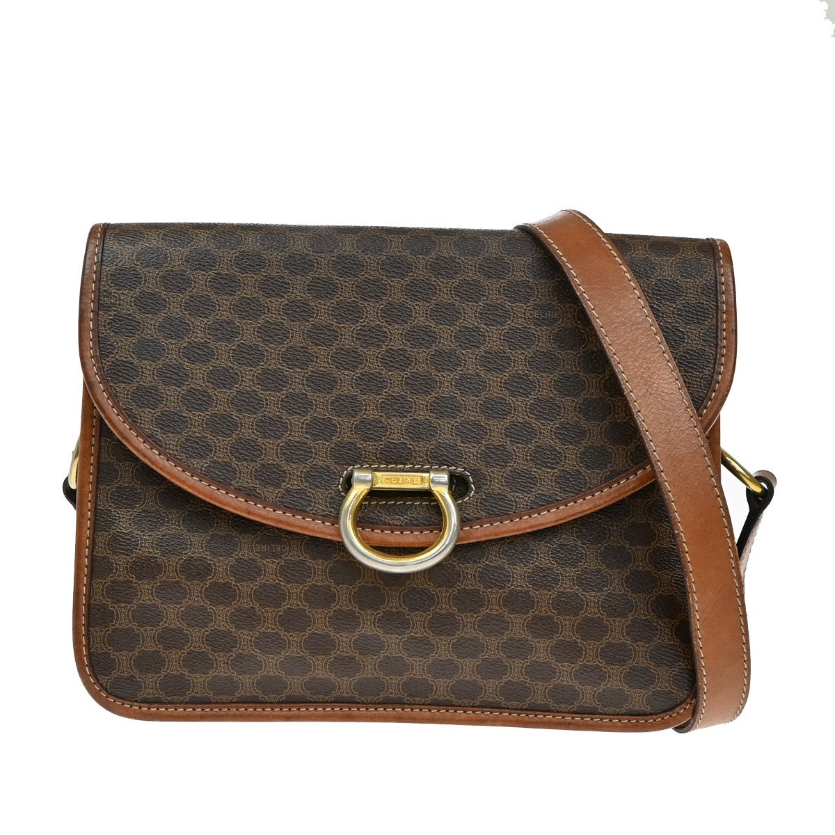 CELINE Logo Macadam Pattern Shoulder Bag PVC Leather Brown GHW 05YH782