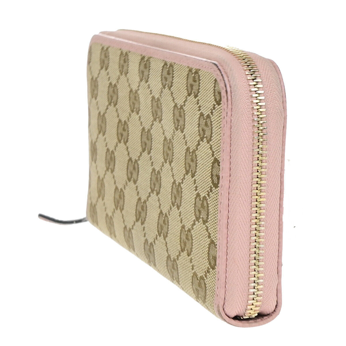 GUCCI GG Pattern Zip Aroung Long Wallet Purse Canvas Leather Brown Pink 69YF034