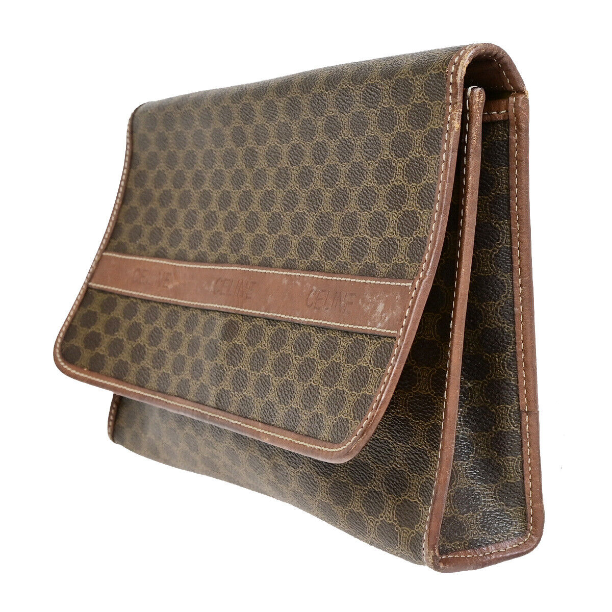 CELINE Logo Macadam Pattern Clutch Hand Bag PVC Leather Brown GHW 07YF602