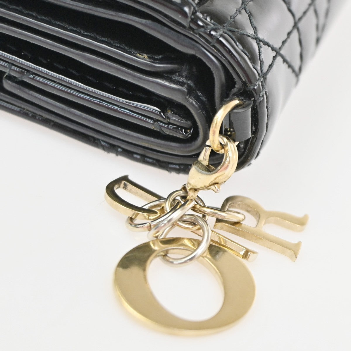 CHRISTIAN DIOR Logo Cannage Trifold Compact Wallet Patent Leather Black 34KC613