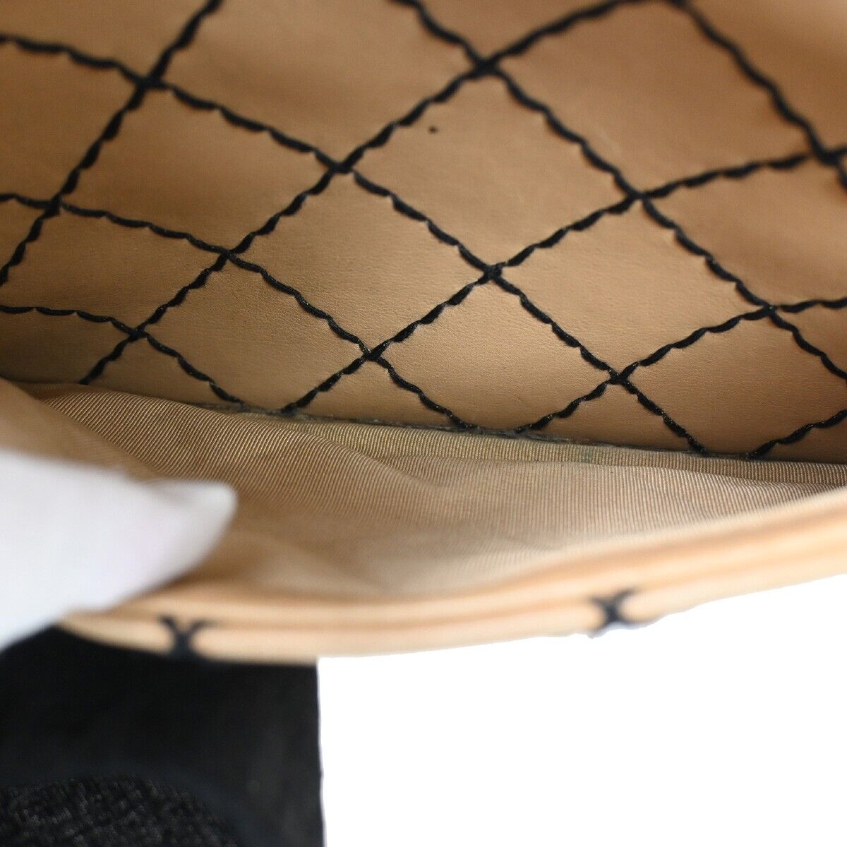 CHANEL CC Logo Wild Stitch Hand Tote Bag Leather Beige Black Italy 11SH052