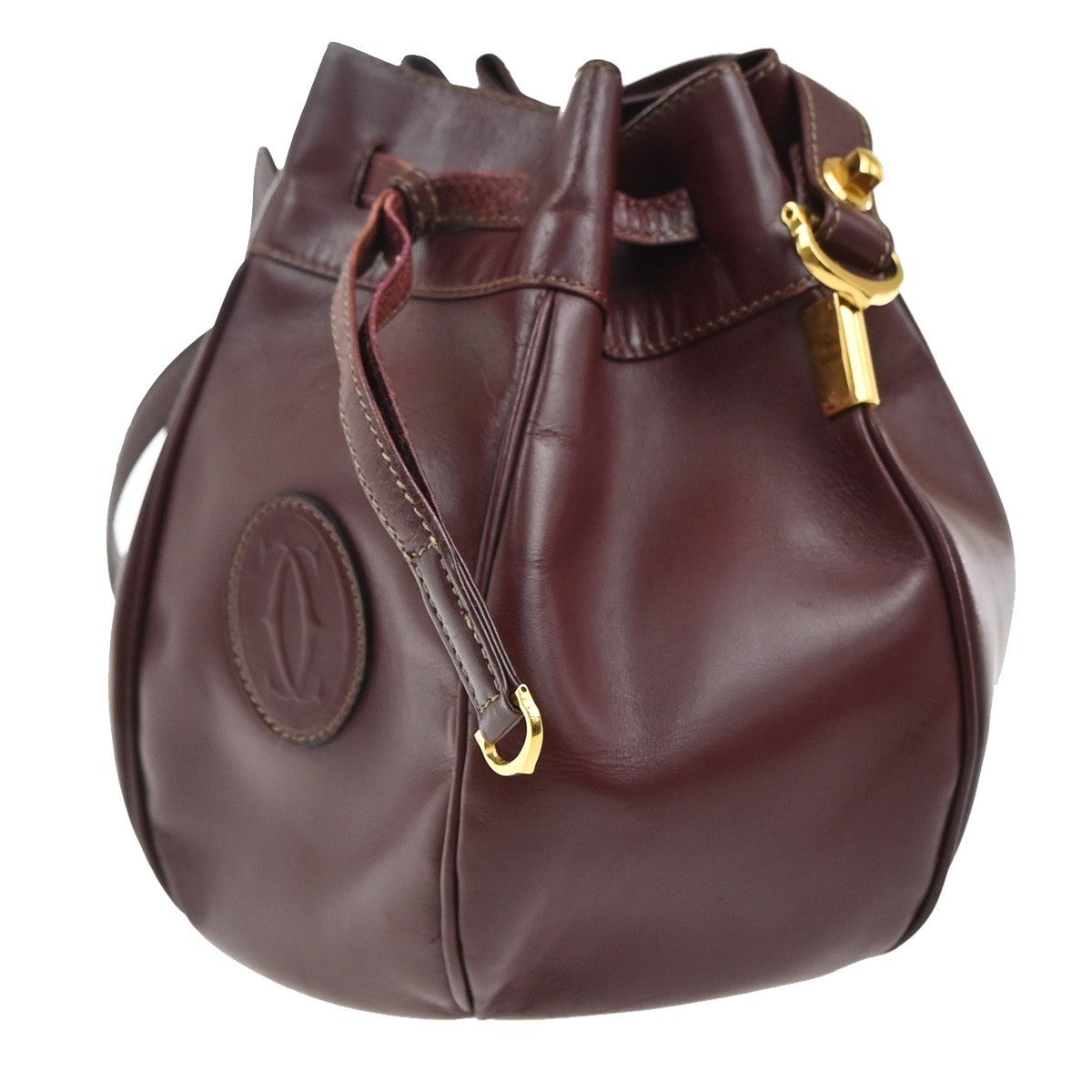 CARTIER Logo Must Line Shoulder Bag Leather Red Burgundy GHW Spain 04KC591