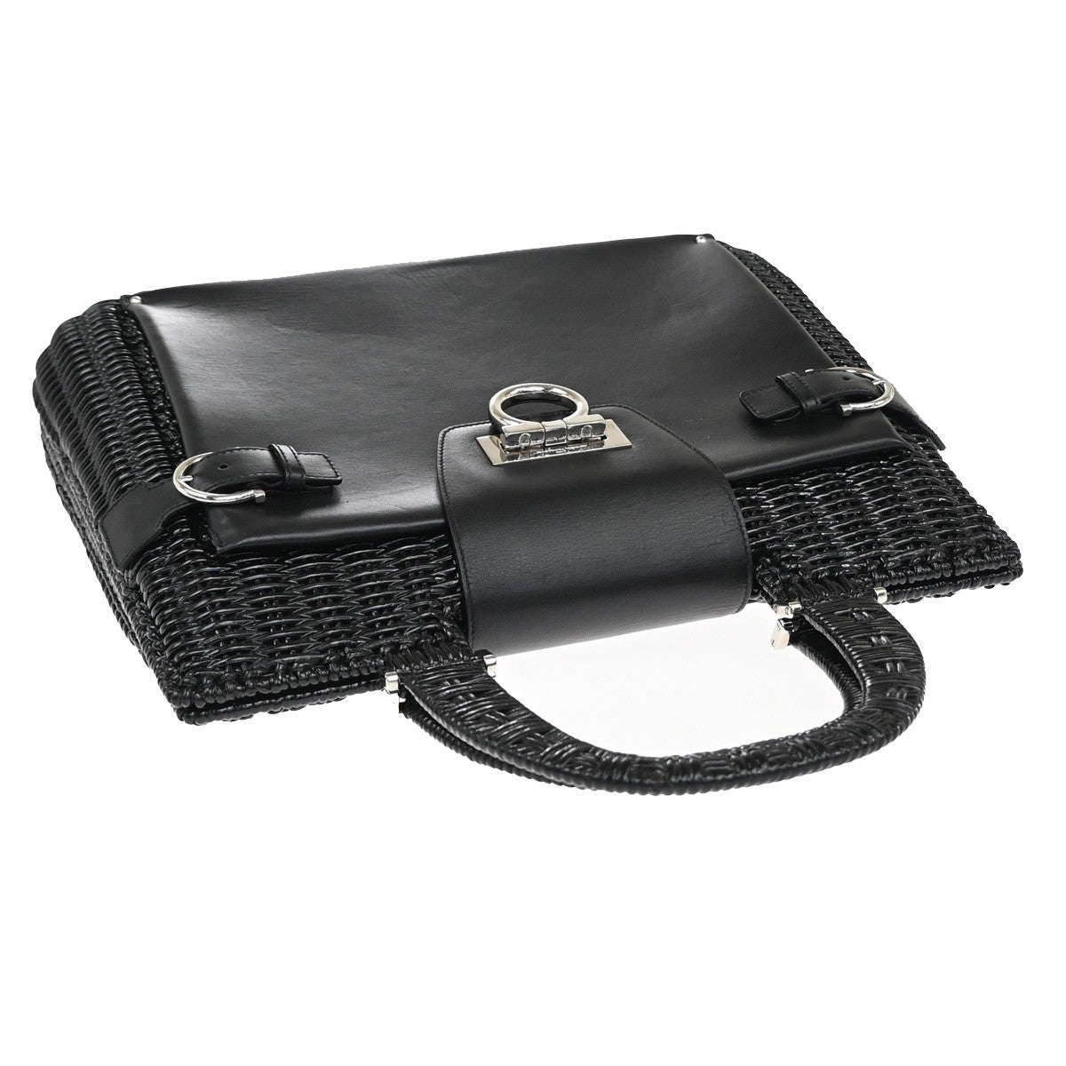 SALVATORE FERRAGAMO Gancini Hand Bag Leather Rattan Black SHW Italy 87RP105