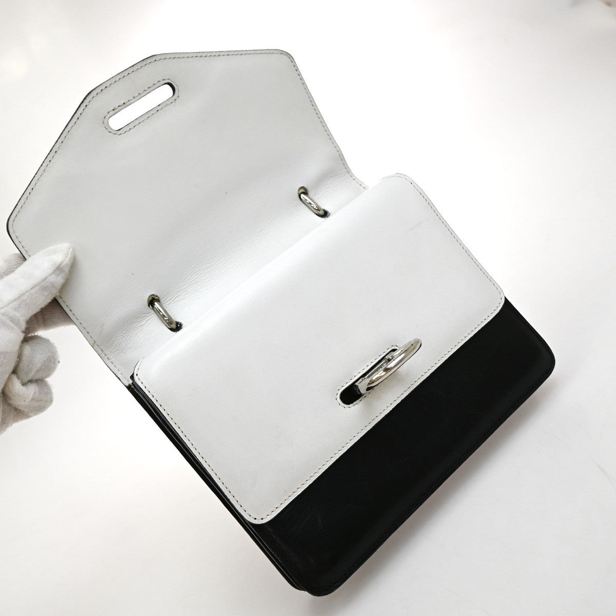 CELINE Logo Bicolor Double Flap Hand Bag Leather Black White Italy 80EG224