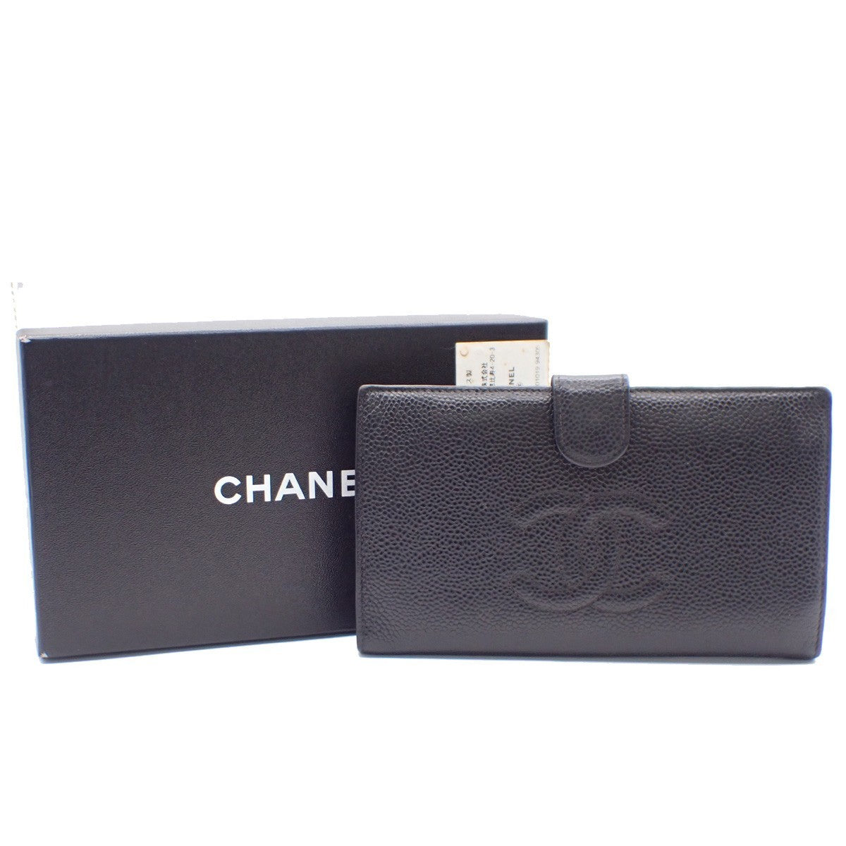 CHANEL CC Logo Long Bifold Wallet Purse Grained Calfskin Leather Black 30KC576